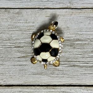 Gold Tone Enamel & Crystal Turtle Brooch Pin